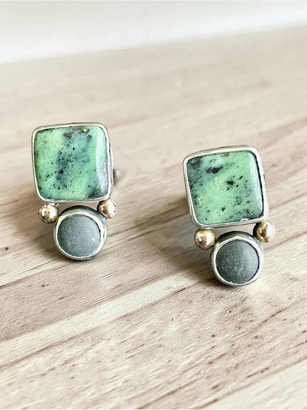 Natural nephrite Jade Earrings in Sterling Silver 925 & 14K Gold Accents - Picture 3 of 8